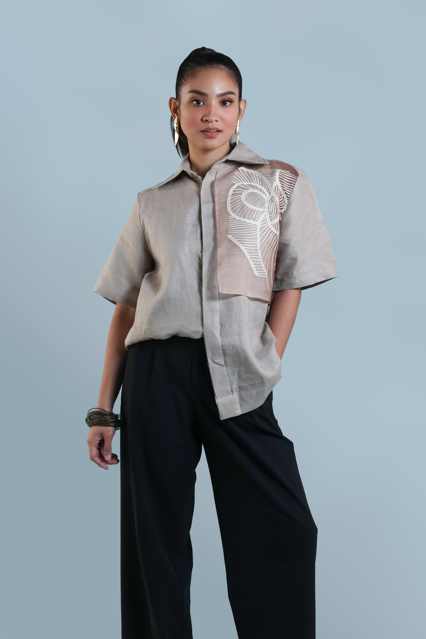 PUSONG INIWAN IN CREAM PURE LINEN WITH BARONG EMBROIDERY