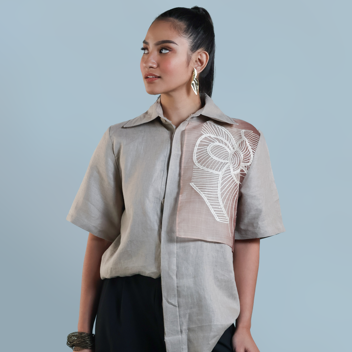 PUSONG INIWAN IN CREAM PURE LINEN WITH BARONG EMBROIDERY