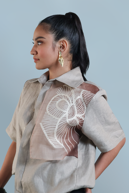 PUSONG INIWAN IN CREAM PURE LINEN WITH BARONG EMBROIDERY