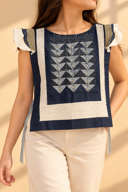 BIB IN DENIM WITH TRIANGLE ACCENT WITH BEADWORKS