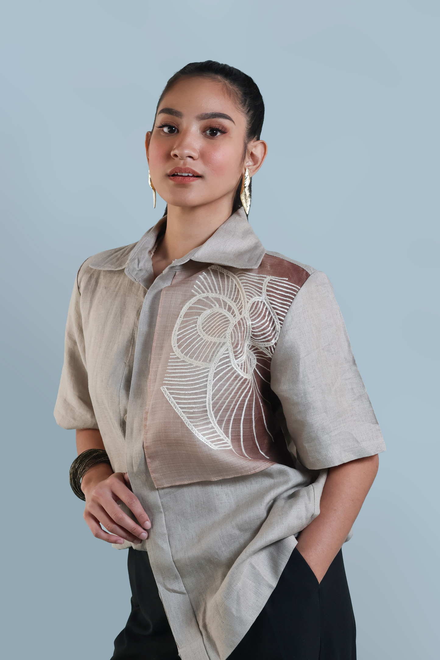 PUSONG INIWAN IN CREAM PURE LINEN WITH BARONG EMBROIDERY