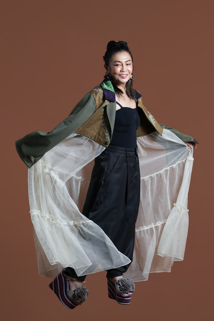 GREEN INAUL CROP SEE THROUGH TRENCH COVER UP INAUL OF MAGUINDANAO WITH HANDBEADED