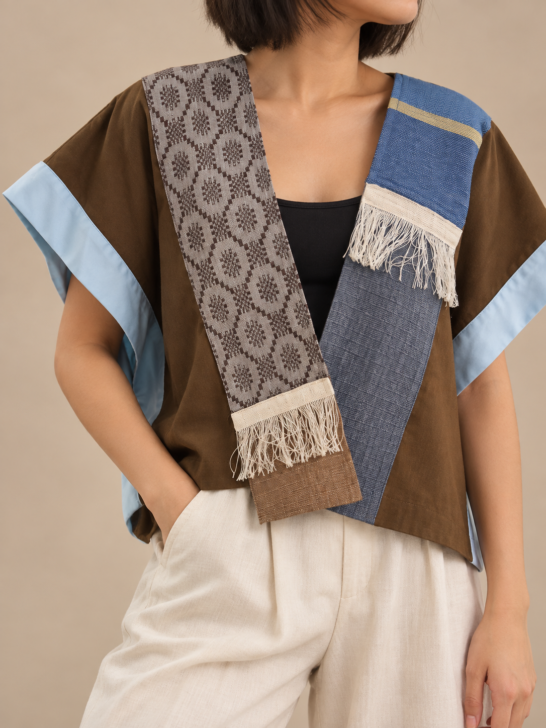 HERITAGE PONCHO IN CHOCO BROWN LINEN WITH MULTI KABANGKALAN AND KALINGA WEAVE