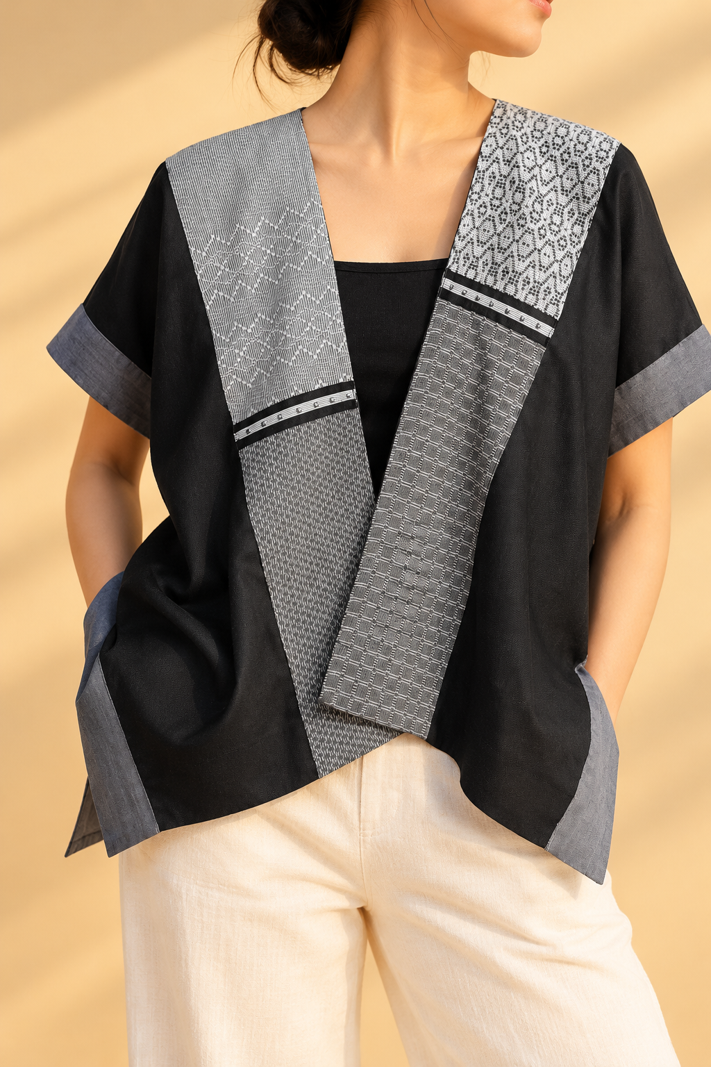HERITAGE PONCHO IN BLACK LINEN WITH LUZVI WEAVES