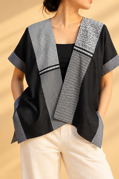 HERITAGE PONCHO IN BLACK LINEN WITH LUZVI WEAVES