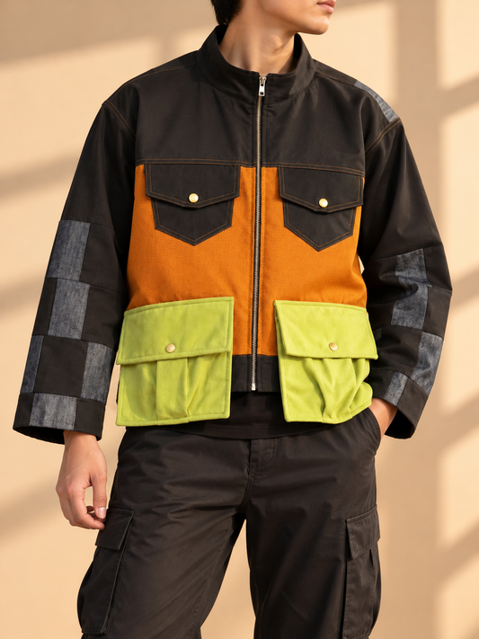 MATIPUNO MEN'S JACKET IN BLACK WITH BROWN KALINGA AND GREEN POCKET