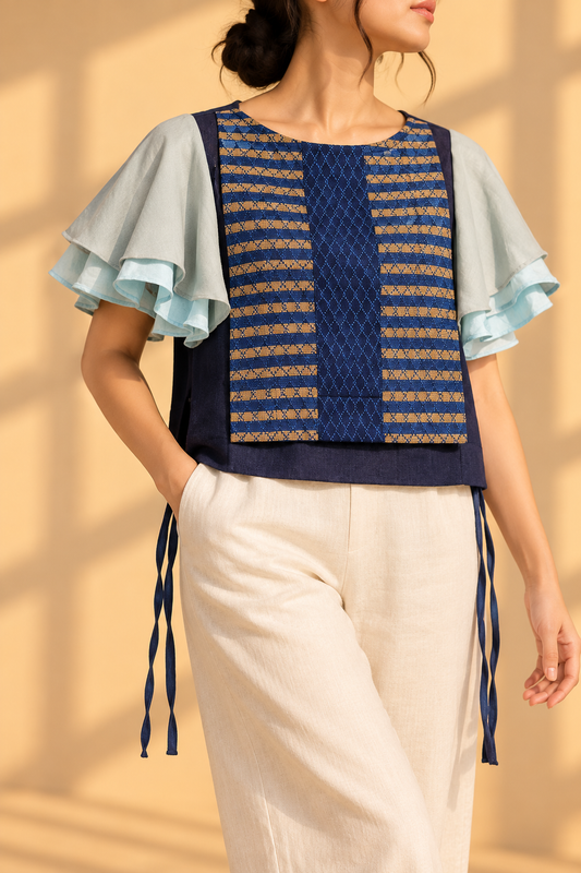 ASUL AT BERDE BIB TOP IN DENIM WITH KALINGA AND KUNDIMAN