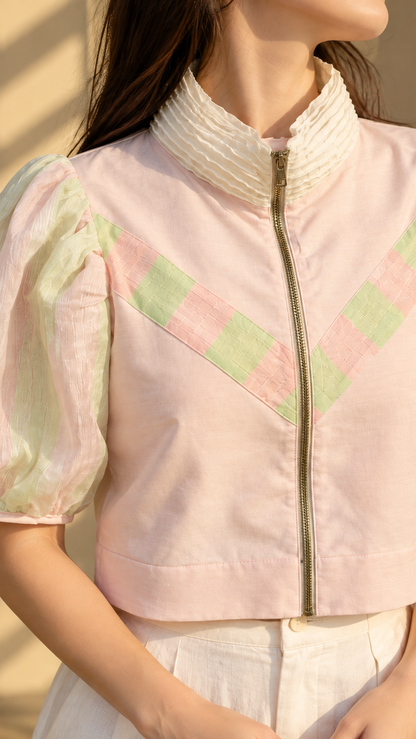 LIPAD TOP IN PEACH WITH ABACA PINA BARONG PUFFED SLEEVES AND PINA COLLAR