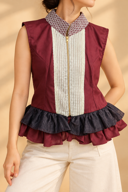 LAGABLAB HALTER TOP IN MAROON WITH RARE SUKSUK BARONG