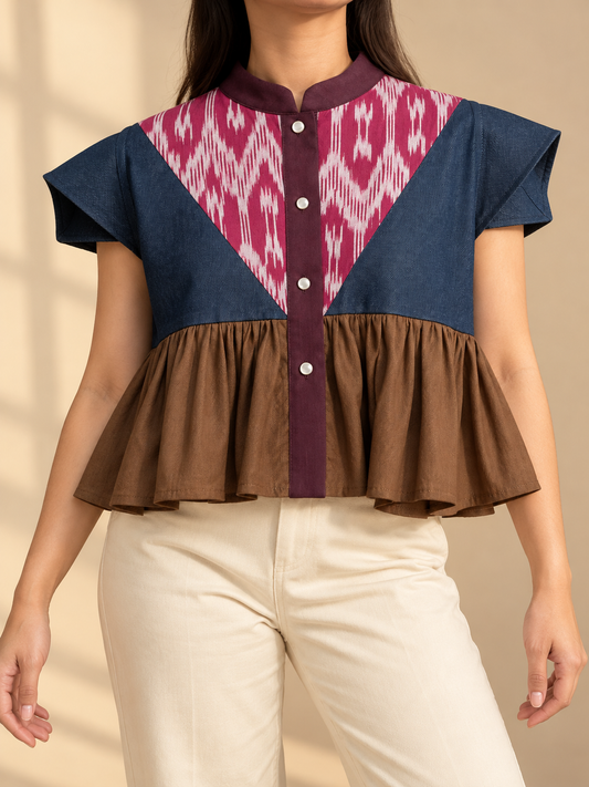 MARIKIT TOP IN DENIM WITH IKAT