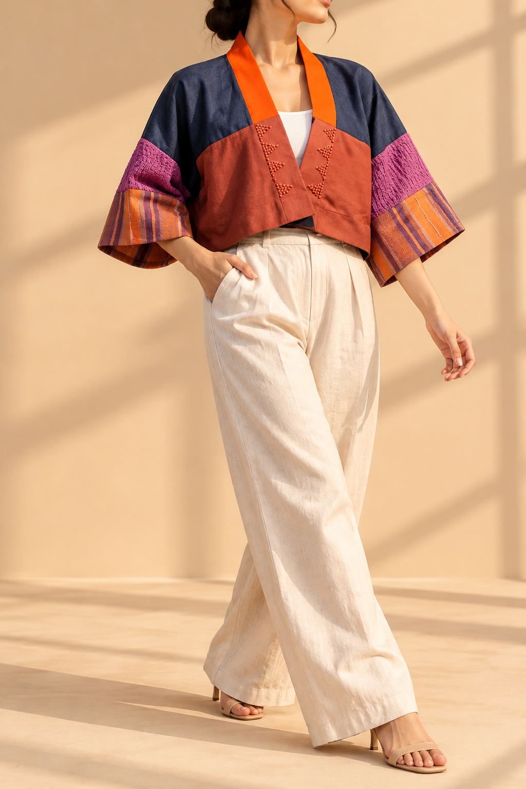 CROP KIMONO IN DENIM BLUE RED ORANGE WITH KANTARINES AND KABANGKALAN