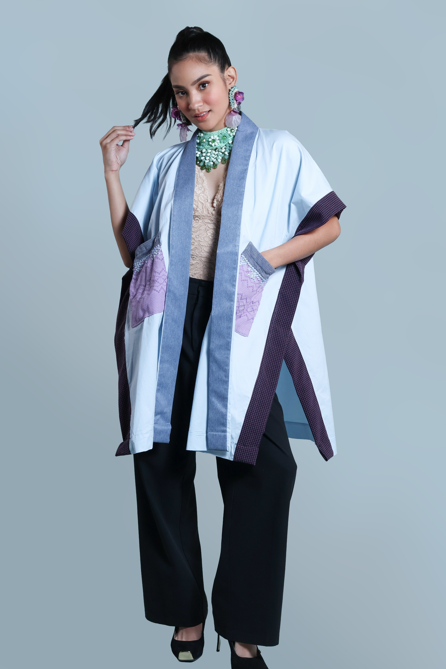 GLAMOROSA KIMONO-STYLE COVER UP IN POWDER BLUE