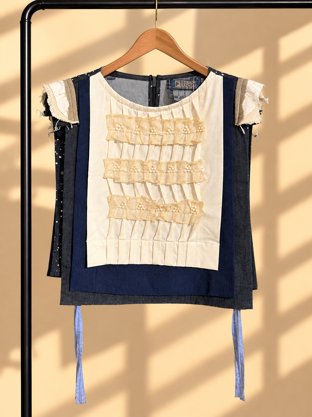 RUFFLES BARONG DENIM PAINTED BIB WITH BEADWORKS AND KALINGA