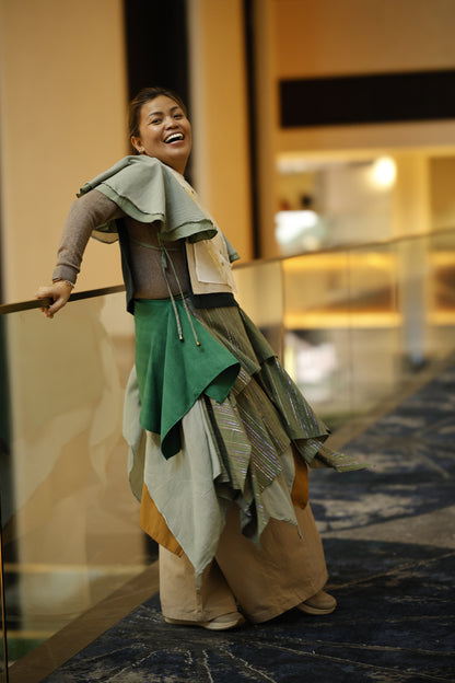 Patong Patong Vest in Denim Green with Multi Pattern Weave