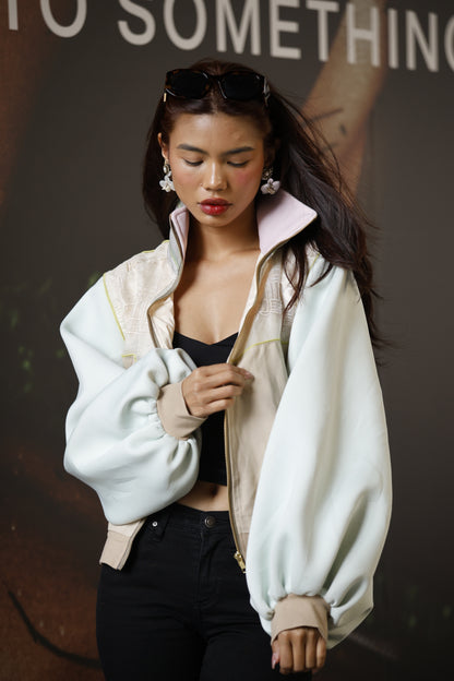 Ikot Toki Bomber Jacket in Mint Green Foamy Sleeves with Ikat