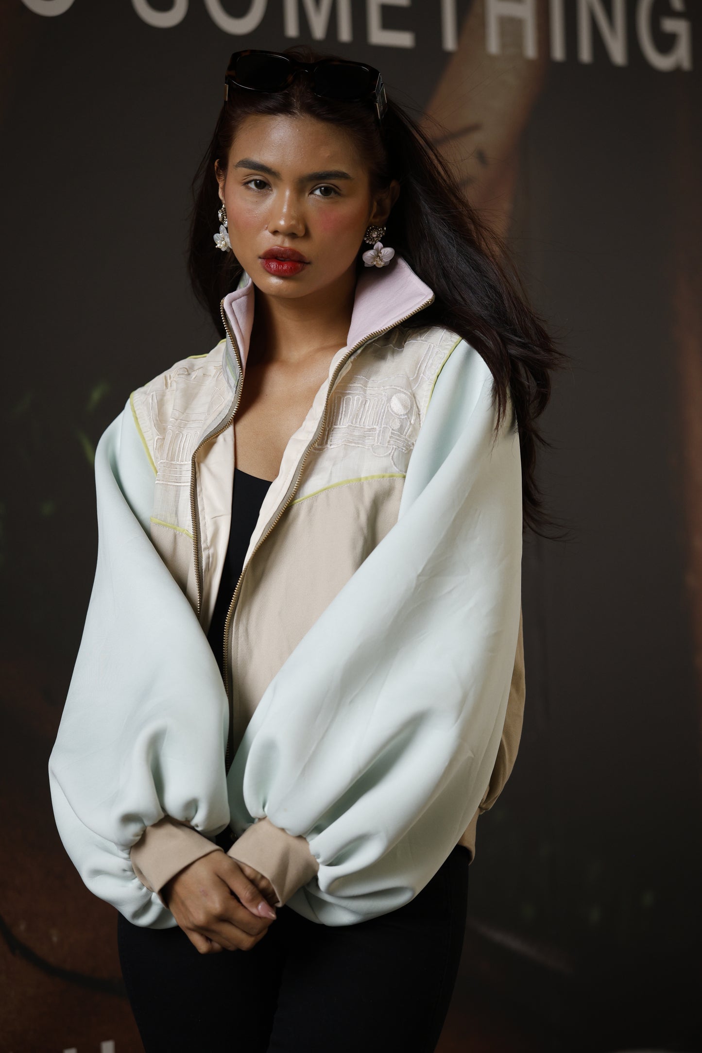 Ikot Toki Bomber Jacket in Mint Green Foamy Sleeves with Ikat