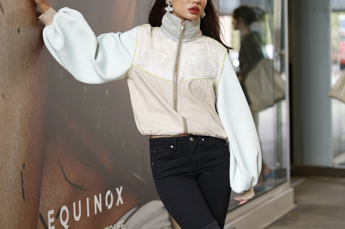 Ikot Toki Bomber Jacket in Mint Green Foamy Sleeves with Ikat