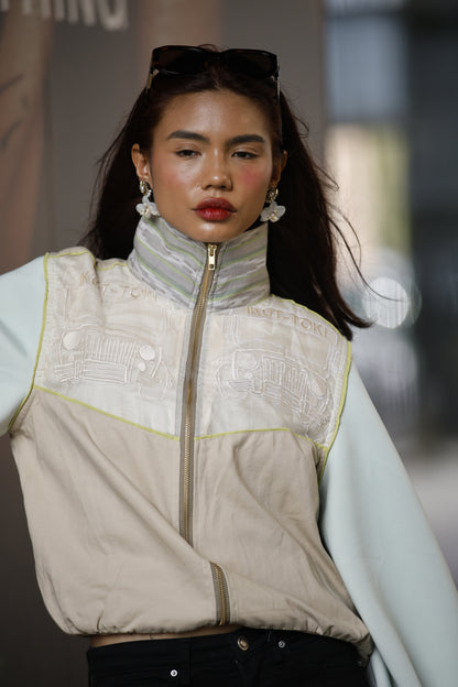 Ikot Toki Bomber Jacket in Mint Green Foamy Sleeves with Ikat