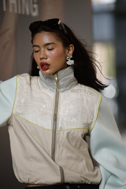 Ikot Toki Bomber Jacket in Mint Green Foamy Sleeves with Ikat