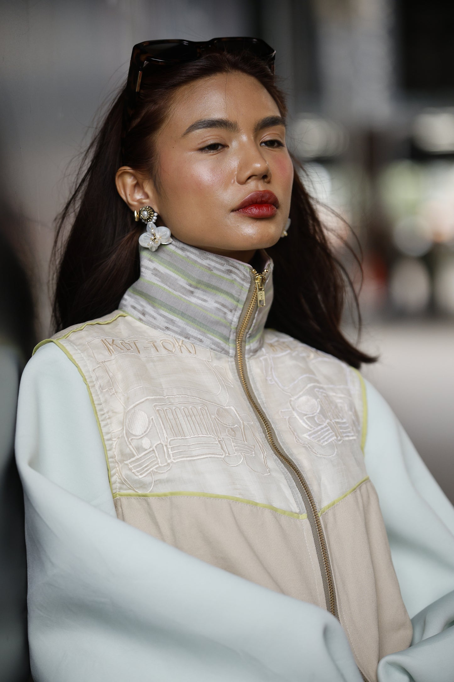 Ikot Toki Bomber Jacket in Mint Green Foamy Sleeves with Ikat