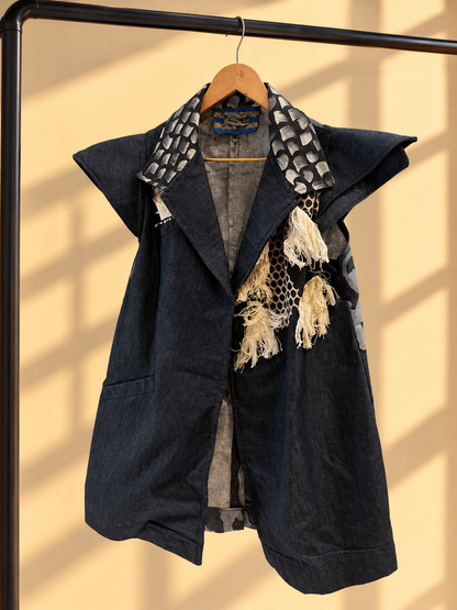 AGAW PANSIN CAPE TRENCH IN DENIM WITH BEADWORKS and TASSEL
