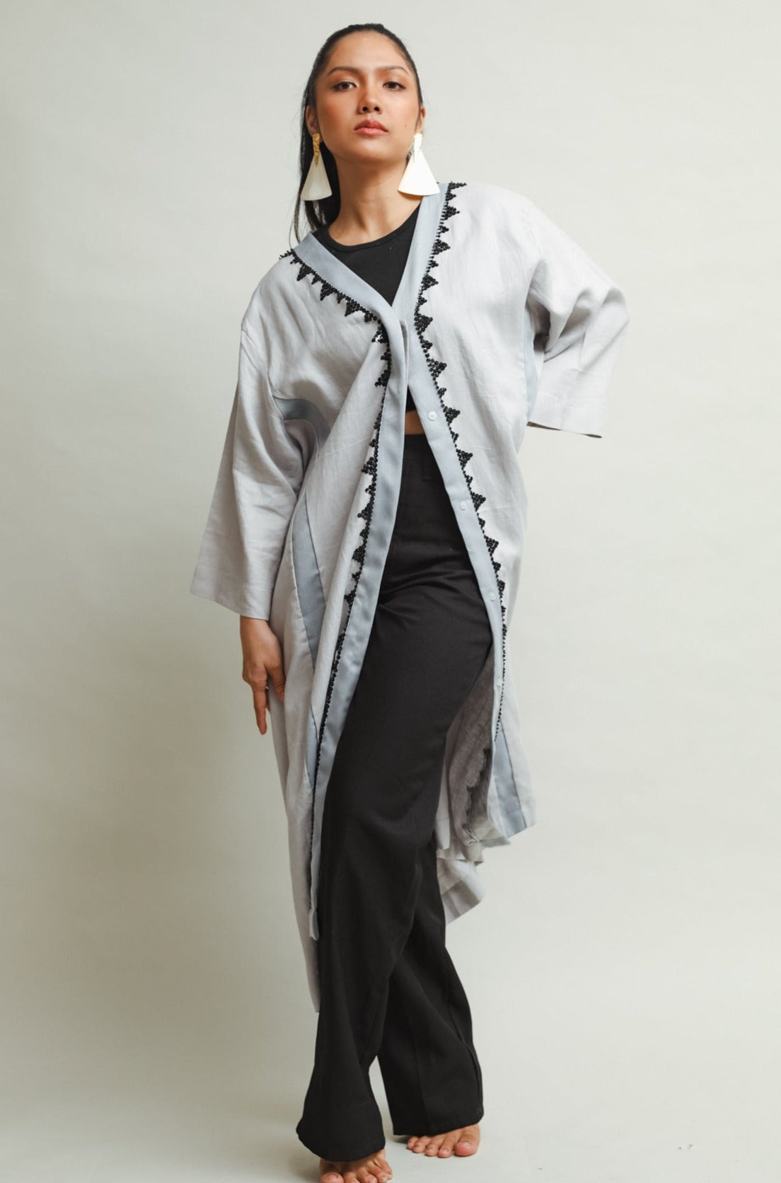 Hayahay Linen Cover-Up with Tboli Embroidery and Deep Pockets in Grey