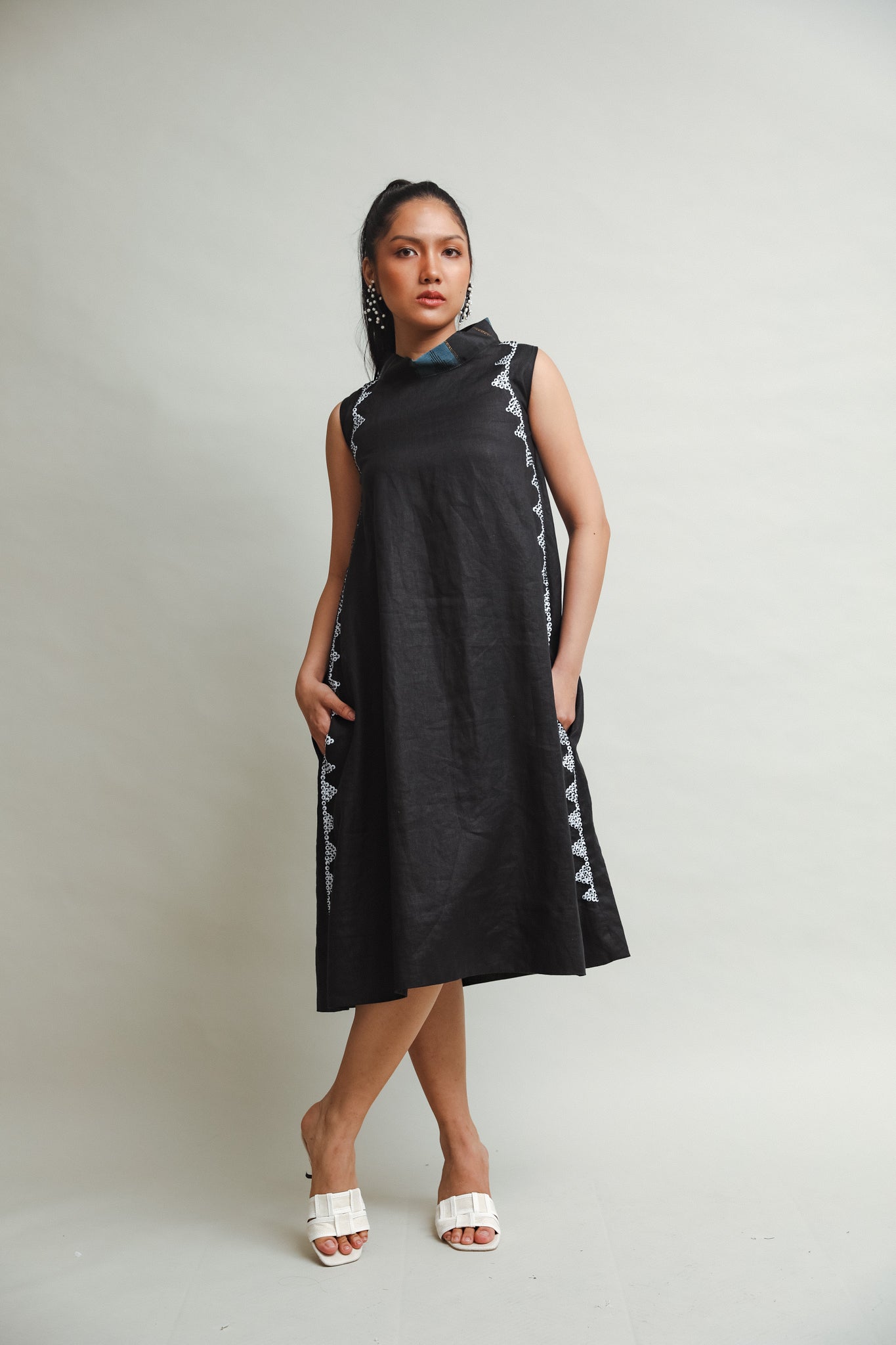 Magandang Araw Linen Dress with Langkit Weave and Hand Embroidery