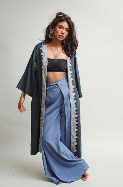 Hayahay Button Down Cover-Up with Tboli Embroidery and Deep Pockets in Deep Blue