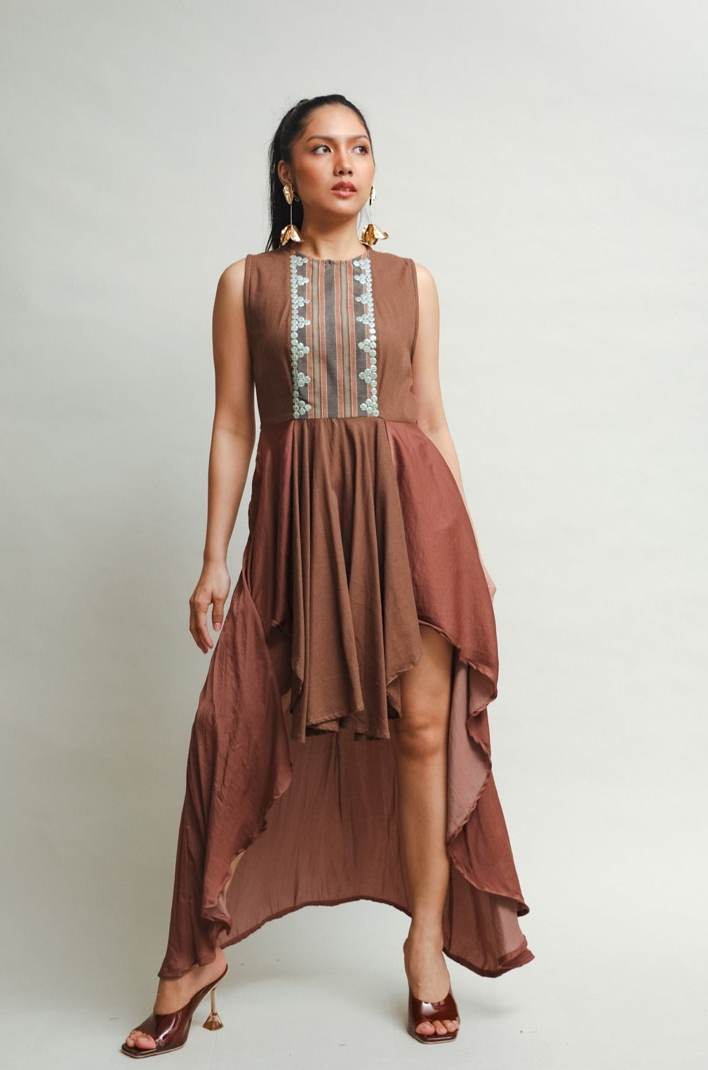 Ala-Ala Flowy Uneven Linen Dress in Deep Rust