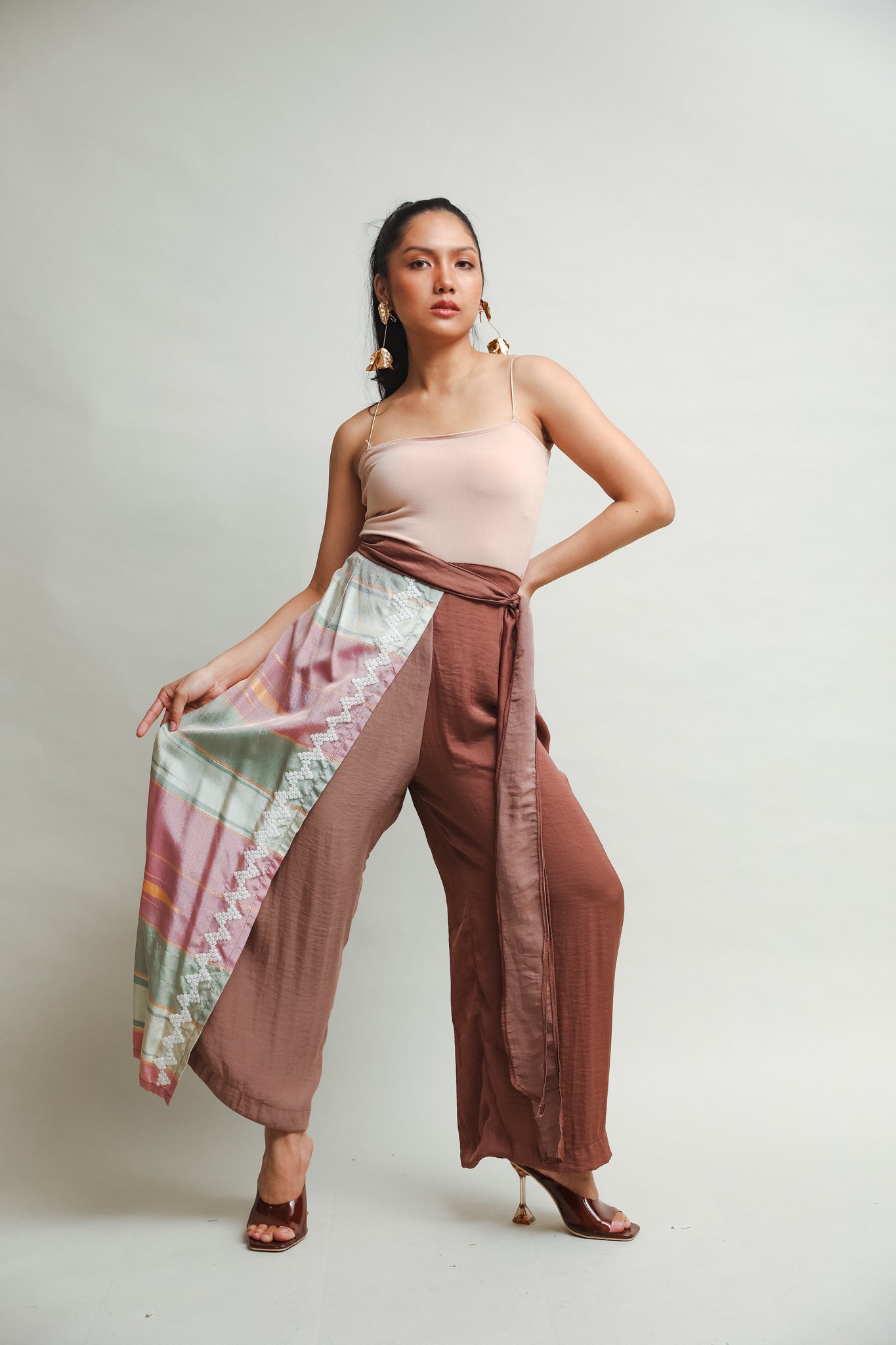 Rampa Wrap Wide Pants with Rare Inaul Weave in Chocolate Brown