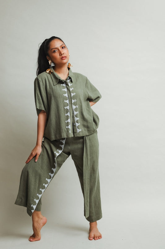 Lakwatsa Linen Coords Top and Pants with Hand Embroidery in Olive Linen