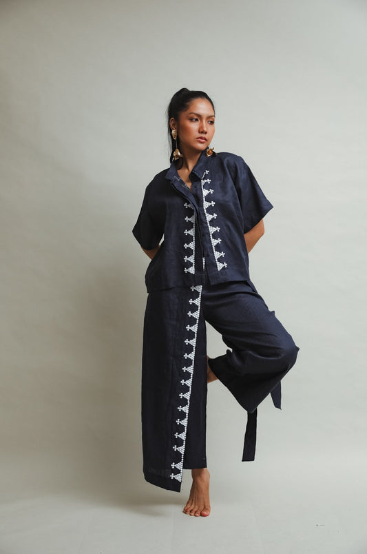 Lakwatsa Coords Dark Blue Top and Pants with Hand Embroidery in Dark Blue with White Details