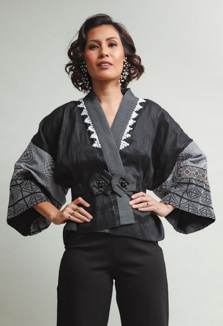 Gabing Mapayapa Black Linen Kimono Poncho in Kantarines and Binakol