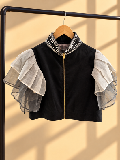 GANTIMPALA TOP IN BLACK LINEN  WITH PALAY OF SAGADA WEAVE