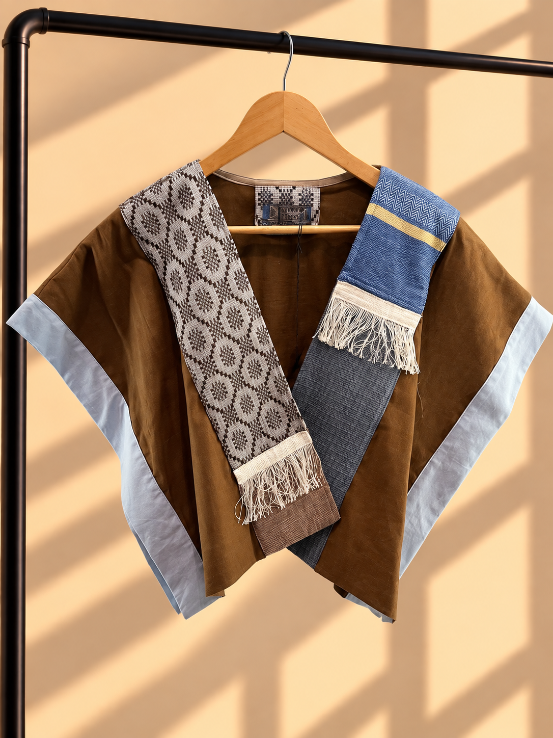 HERITAGE PONCHO IN CHOCO BROWN LINEN WITH MULTI KABANGKALAN AND KALINGA WEAVE