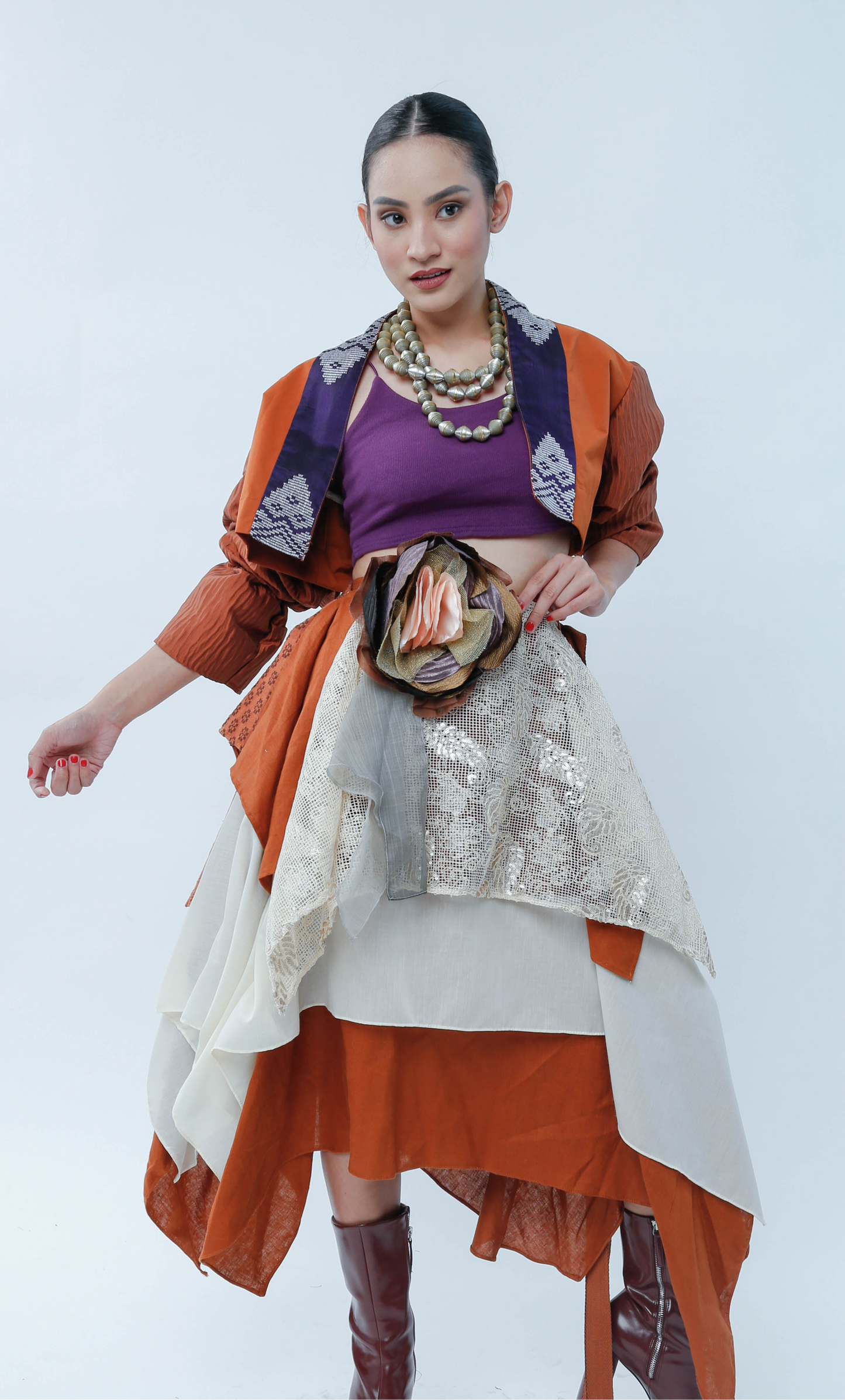 Freestyle Skirt Burnt Orange with Floral Applique and Kundiman Weave