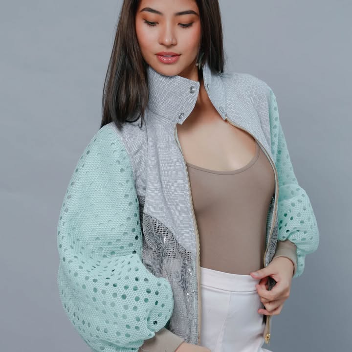 Bida Bida Bomber Jacket with Green Punch hole sleeves in  Binakol Weave