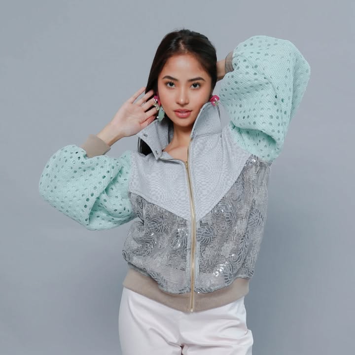 Bida Bida Bomber Jacket with Green Punch hole sleeves in  Binakol Weave