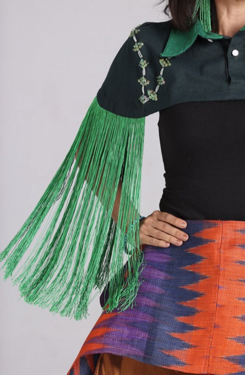 ULAN INIT STATEMENT FRINGE TOP IN DARK GREEN