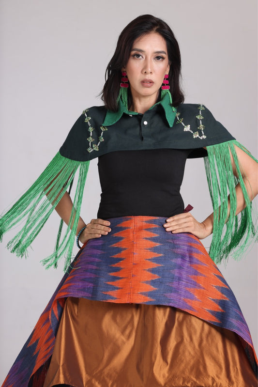 ULAN INIT STATEMENT FRINGE TOP IN DARK GREEN