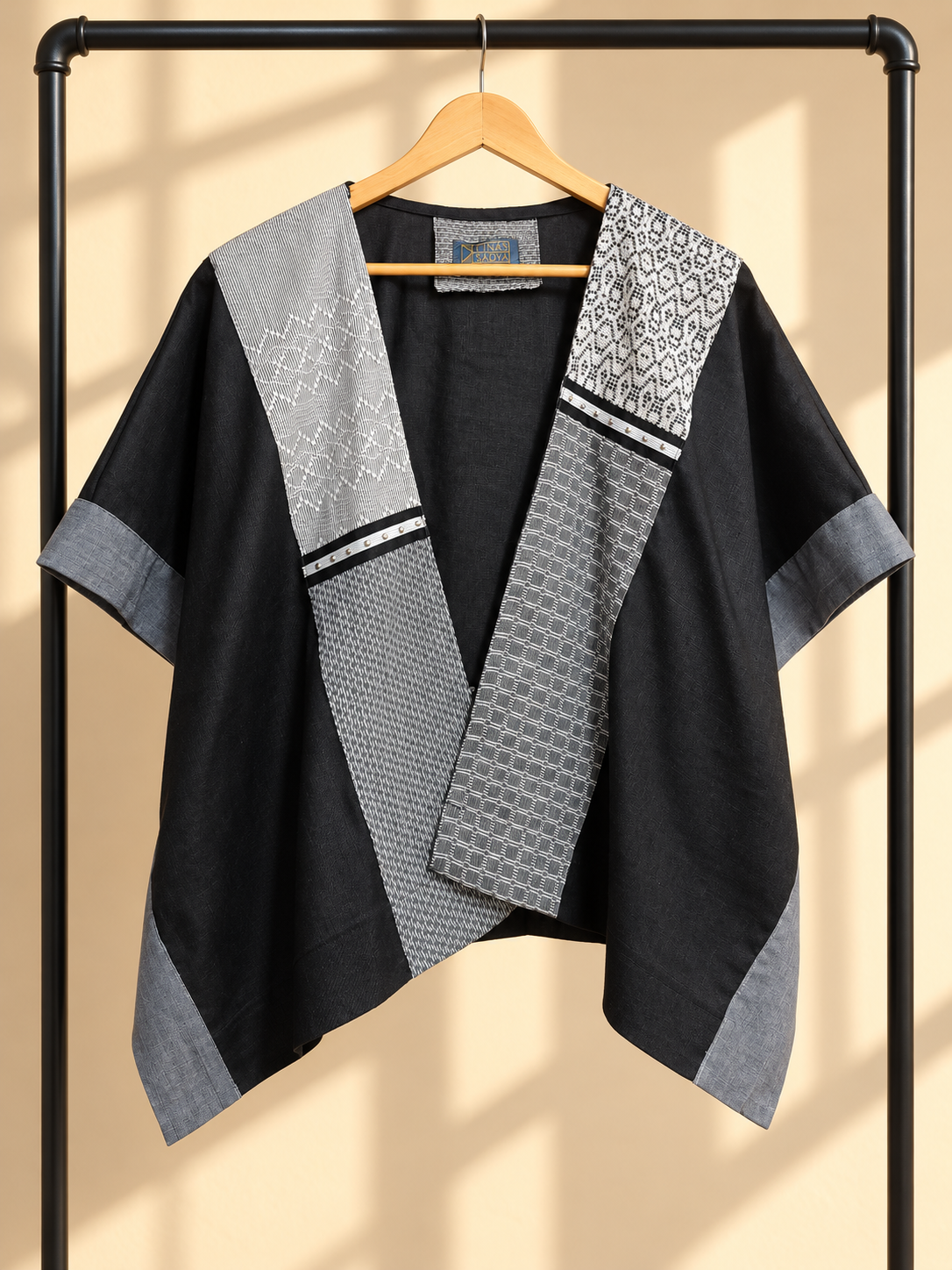 HERITAGE PONCHO IN BLACK LINEN WITH LUZVI WEAVES