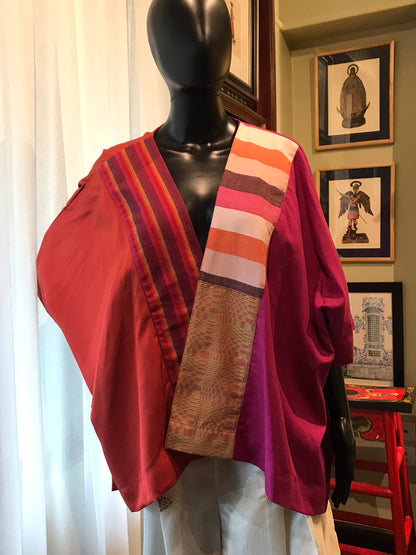 Heritage Poncho Fuchsia Orange with Colorful Kantarines Stripes and Binakol