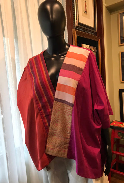 Heritage Poncho Fuchsia Orange with Colorful Kantarines Stripes and Binakol