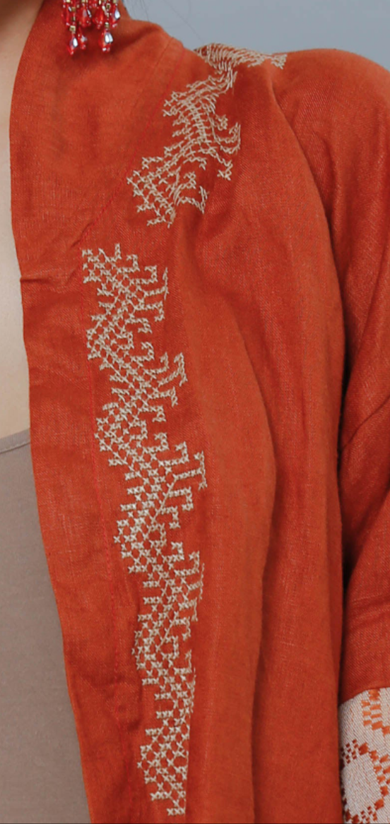 Burnt Orange Linen Kimono Poncho with T'boli Hand Embroidery