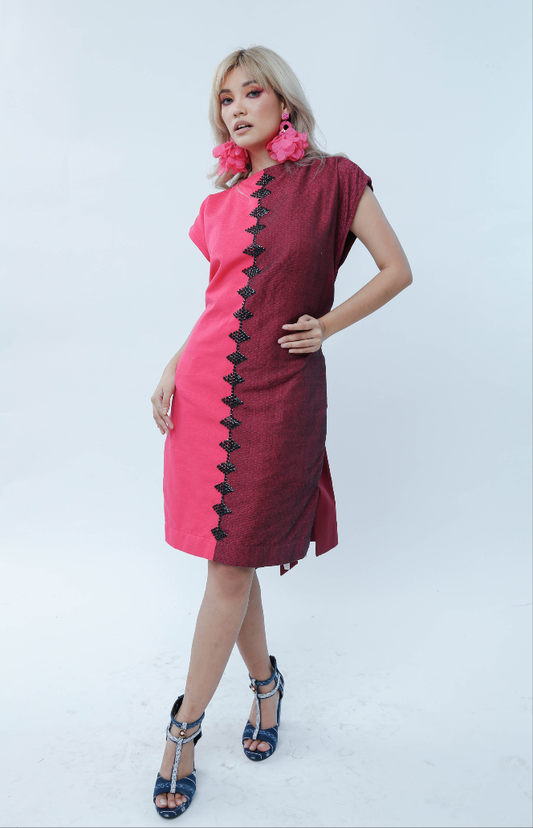 Doble Kara Free Size Two Tones Dress in Pink Black Kalinga Weave