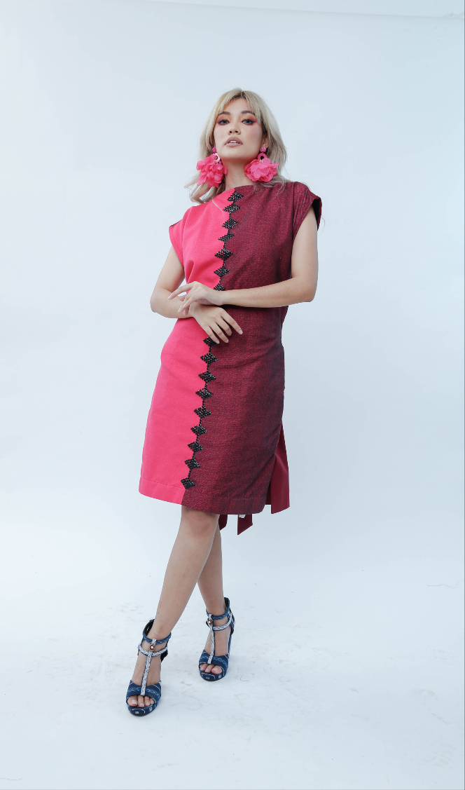 Doble Kara Free Size Two Tones Dress in Pink Black Kalinga Weave