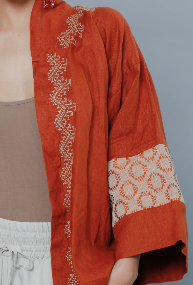 Burnt Orange Linen Kimono Poncho with T'boli Hand Embroidery