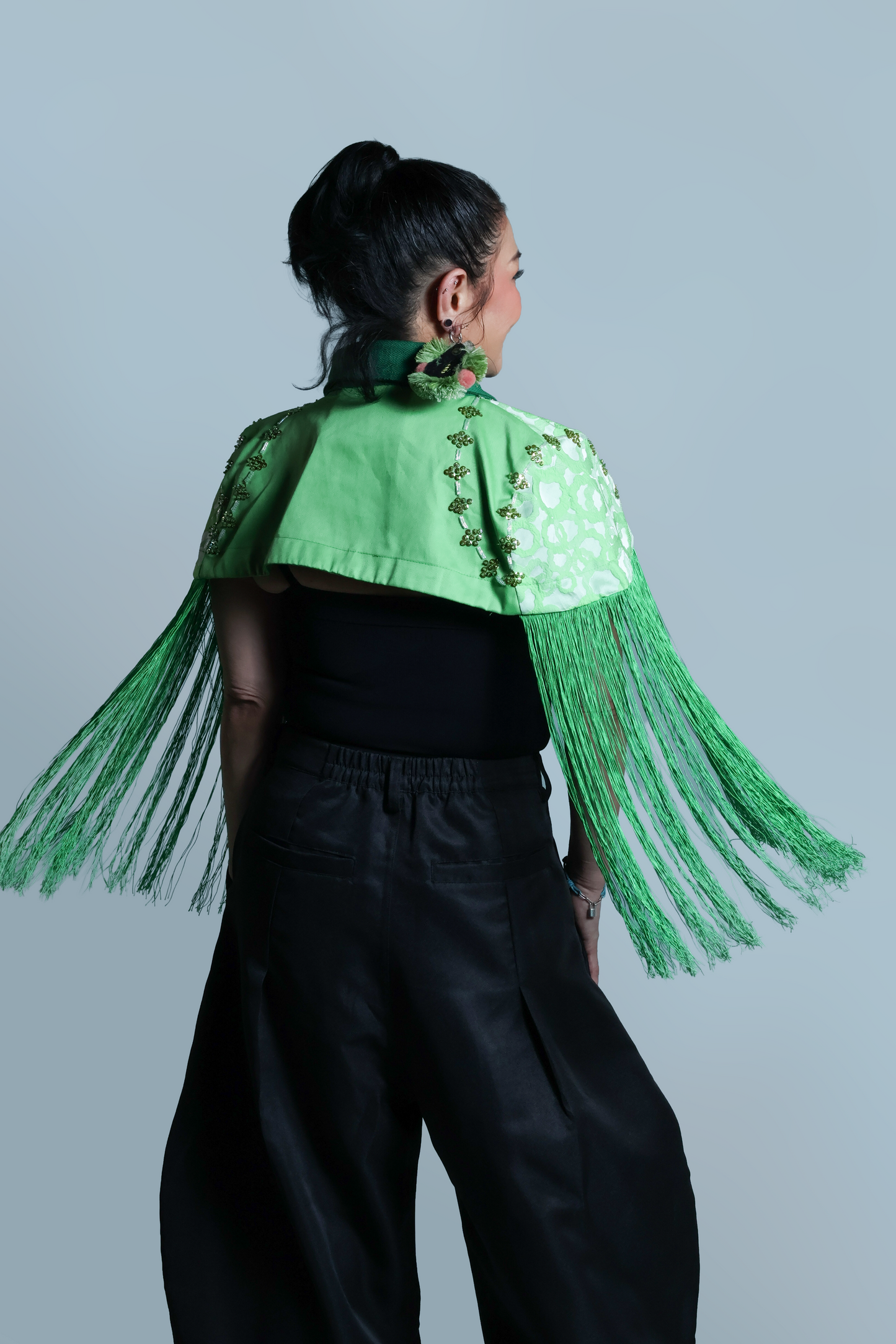 ULAN INIT STATEMENT FRINGE TOP WITH GREEN KUNDIMAN WEAVE OF ABRA