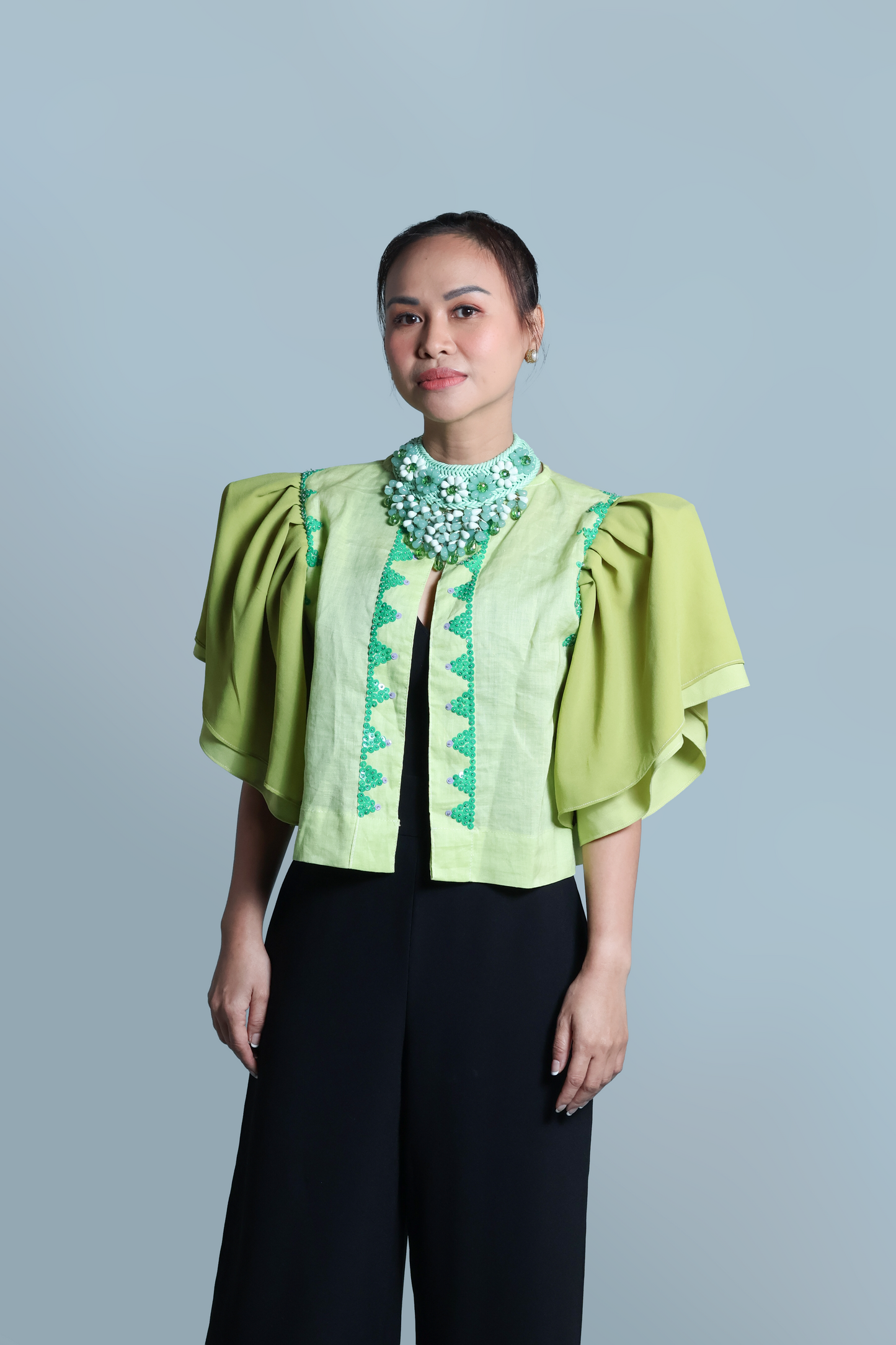BLUSA IN LIME LINEN WITH BEADWORKS