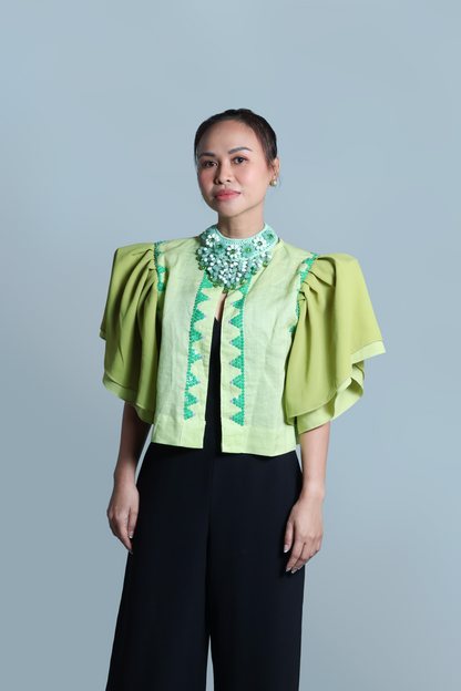 BLUSA IN LIME LINEN WITH BEADWORKS
